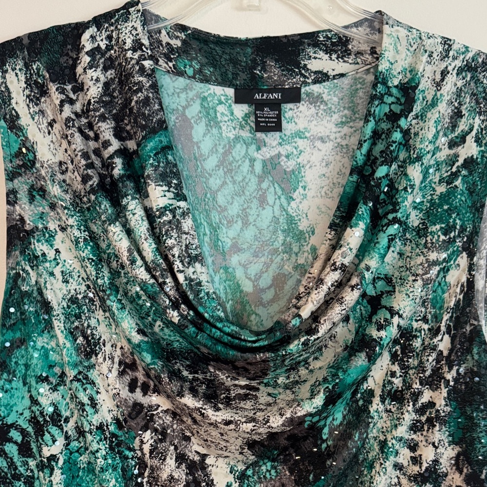 Teal and Black Abstract Cowl Neck Blouse size XL - Picture 2 of 9
